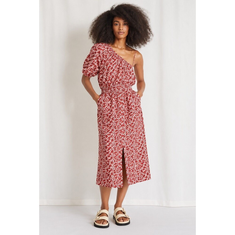Apiece Apart Palma One Shoulder Midi Dress XL Mango Bouquet Red Floral Preppy